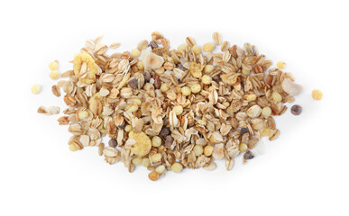 Pile of granola on white background, top view. Healthy snack