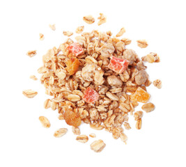 Pile of granola on white background, top view. Healthy snack