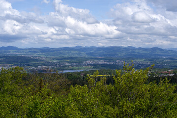 Fototapeta na wymiar Landscape with mountains in the background seen from wooden lookout named Loorenkopfturm (Loorenkopf tower). Photo taken May 18th, 2021, Zurich, Switzerland.