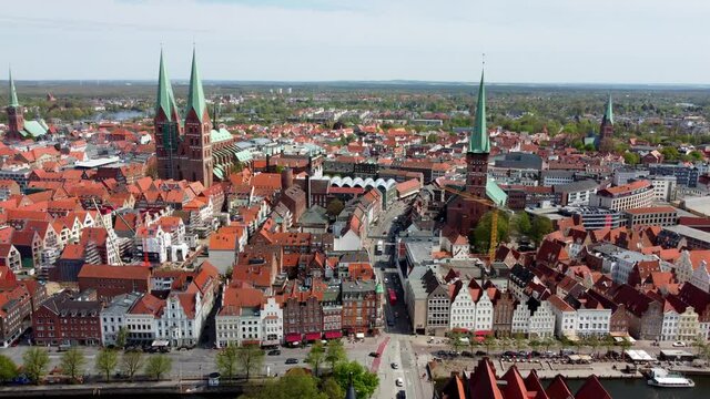 Famous Holsten Gate in the city of Lubeck Germany - aerial photography
