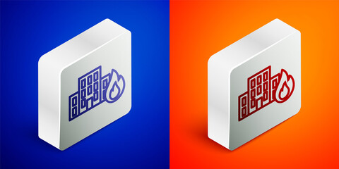 Isometric line Fire in burning buildings on city street icon isolated on blue and orange background. Destroyed city on fire. Silver square button. Vector