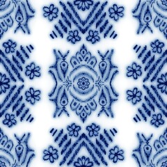 Seamless classic blue and white ceramic design. High quality illustration. Decorative design of cobalt blue glaze on porcelain for transfer onto kitchen ware or printing for modern surface design.