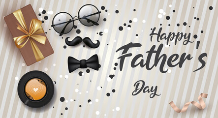 card or banner on a Happy Father's Day in black on a gray and white striped background with a cup of coffee, mustache, bow tie, gift, pair of sunglasses around it