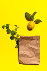 Quince apple, tree branches and paper bag on yellow