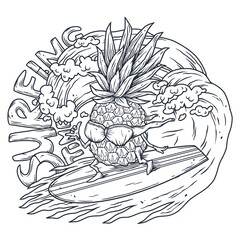 Surfing hawaii pineapple on surf bord for t-shirt print. Tropical surfbord emblem for surfer tiki bar or beach bar