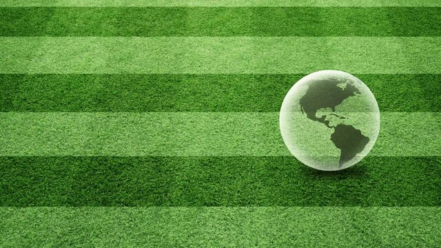 Soccer playing field grass pattern with Earth globe rotation. Seamless looping.