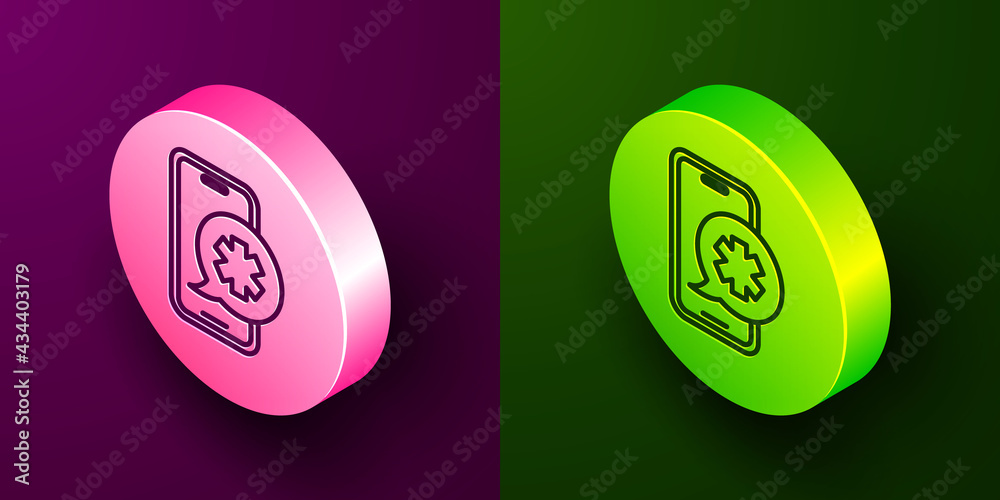 Sticker Isometric line Emergency mobile phone call to hospital icon isolated on purple and green background. Circle button. Vector