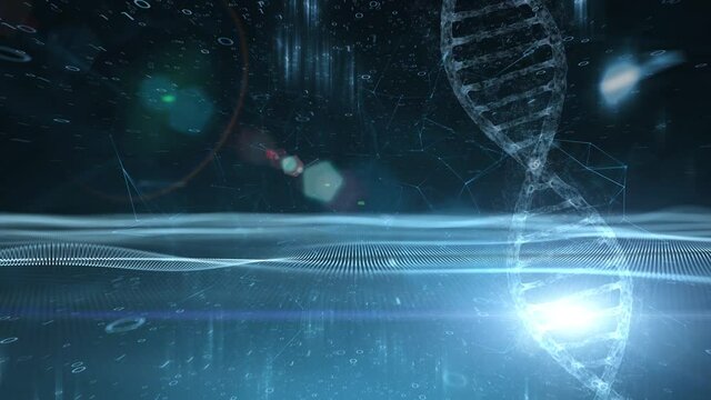 Shining dna chain structure on binary code background.