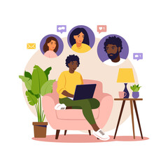 Concept of social promotion, refer a friend, refer and earn. Referral marketing. African woman sitting with laptop on armchair. Flat. Vector illustration. - obrazy, fototapety, plakaty