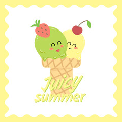 Summer card with ice cream, ice cream with fruit, for a banner, for a gift, for printing. Vector illustration.
