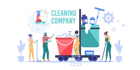 Vector cartoon cleaning company employee characters at work.Domestic worker cleaners,mop bucket equipment tools,different chemicals-cleaning service job,work profession,web site banner ad concept