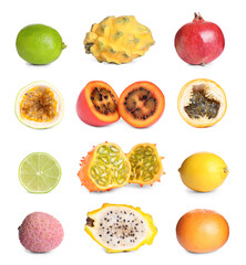 Set with different delicious exotic fruits on white background