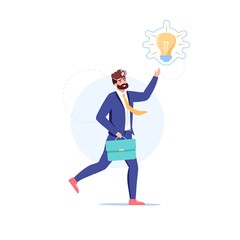 Vector cartoon flat business character present new idea.Successful businessman happy employee shows glowing lamp-metaphor of fresh idea,finding solution,problem solving web site banner symbol concept