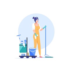 Fototapeta premium Vector cartoon cleaning company employee character at work.Domestic worker cleaner person with mop bucket equipment tools,different chemicals-cleaning service profession,web site banner ad concept