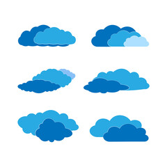 Silhouettes of blue clouds of different shapes on a white background.