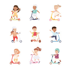 Smiling Children Riding on Kick Scooter Pushing Off the Ground Vector Set