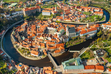 Top view of Old Town Cesky Krumlov and river Vltava, Czech Republic