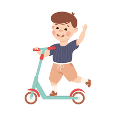 Smiling Boy Riding on Kick Scooter Pushing Off the Ground and Waving Hand Vector Illustration