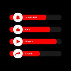 Fototapeta premium Set of red objects for Video Service. Subscribe, Like, Watch, Share Buttons. Vector illustration