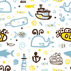 Marine Seamless Pattern Design, Nautical Symbols Background, Wallpaper, Textile, Packaging Vector Illustration