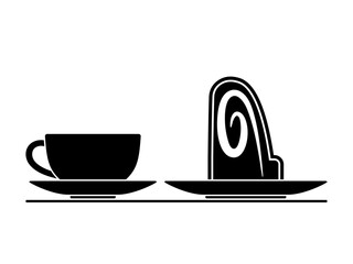 cup of coffee or tea and slice of bundt cake on plate isolated on white background