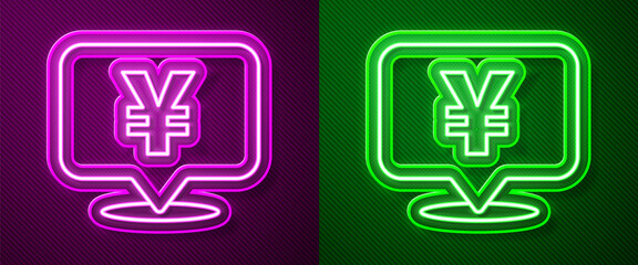 Glowing neon line Chinese Yuan currency symbol icon isolated on purple and green background. Coin money. Banking currency sign. Cash symbol. Vector