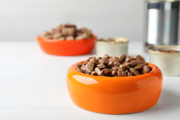 Wet pet food in feeding bowl on white wooden table. Space for text