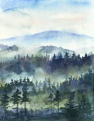 Papier Peint photo Lavable Forêt dans le brouillard Pine forest in fog, mist mountain landscape
