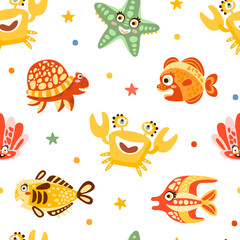 Cute Marine Animal and Comic Underwater Creatures on Vector Seamless Pattern