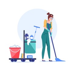 Vector cartoon cleaning company employee character at work.Domestic worker cleaner person with mop bucket equipment tools,different chemicals-cleaning service profession,web site banner ad concept
