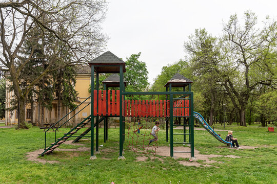 Coka, Serbia - May 01, 2021: Colorful kids outdoor playground. Children's playground in the town of Coka in Serbia.