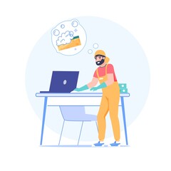 Fototapeta na wymiar Vector cartoon cleaning company employee character at work.Domestic worker office cleaner person washes desk workplace-cleaning serivice job,work profession,web site banner ad concept