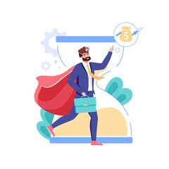 Vector cartoon flat business character present symbol of income on hourglass background.Happy employee superhero shows money bag-metaphor of income,investments,profit grow web site banner concept