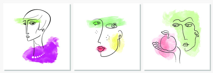 Set of trendy flat illustration. Abstract face. Hand drawn human portrait in trendy minimalistic style. Charcoal line. Watercolor spots. Template for your design works. Vector graphics.