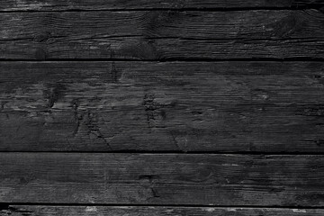 Black background. Vintage wood background in black color. Old wood texture with cracks, scratches, dents. Monochrome photo. 