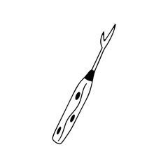 Seam ripper tool. Black and white vector illustration in doodle style isolated single