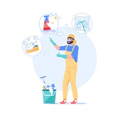 Vector cartoon cleaning company employee character at work.Domestic worker office cleaner person,different equipment tools,chemicals-cleaning service job,work profession,web site banner ad concept