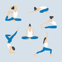 Fototapeta na wymiar Set of slender young woman doing yoga and fitness. Healthy lifestyle. Vector illustration.