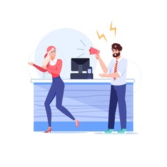 Vector cartoon flat boss manager,office worker characters in work conflict scene.Angry boss shouts in megaphone at afraid employee character-office work stress situation,web site banner concept