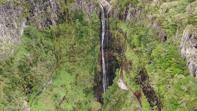 Aerial view of Risco waterfall in Rabacal, Paul da Serra, Madeira, Portugal