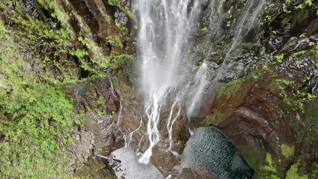 Aerial view of Risco waterfall in Rabacal, Paul da Serra, Madeira, Portugal