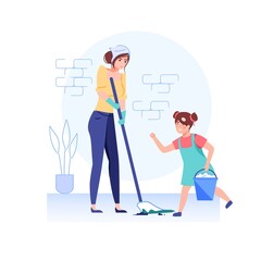 Fototapeta premium Vector cartoon happy family characters cleaning house.Parents and children take care of homeplace,keep it clean-healthy family relationships,communications,social behavior web site banner ad concept