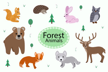 Forest Animals. Vector illustration woodland forest animals including rabbit, bear, fox, owl, wolf, deer and squirrel.
