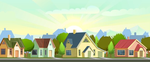 Naklejka premium Street with houses in a small rural town. The lights of a sun. Cartoon cheerful flat style. Road. Village. Small cozy suburban cottages with trees. Vector.