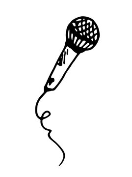 Vector microphone. isolated piece of music equipment, microphone with twisted wire, hand-drawn in doodle style with black line on white background for design template, logos, label signage