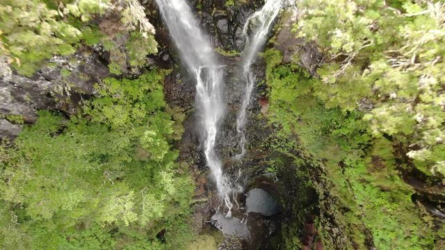 Aerial view of Risco waterfall in Rabacal, Paul da Serra, Madeira, Portugal