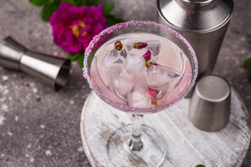 Pink cocktail Margarita with rose syrup
