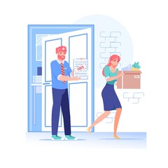 Vector cartoon flat boss manager,office worker characters in work conflict.Angry boss dismiss,fire upset employee character-work relationships stress situation,unemployment web site banner concept
