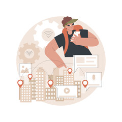 Smart destinations project abstract concept vector illustration. City tags, digital travel, tourist experience, smartphone interactions, smart spot, multimedia content, IoT abstract metaphor.