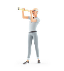 3d senior man looking through telescope